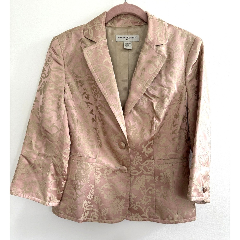 Vintage 100%‎ Silk Banana Repbulic Pink Gold Floral Jacquard Blazer Jacket 6
